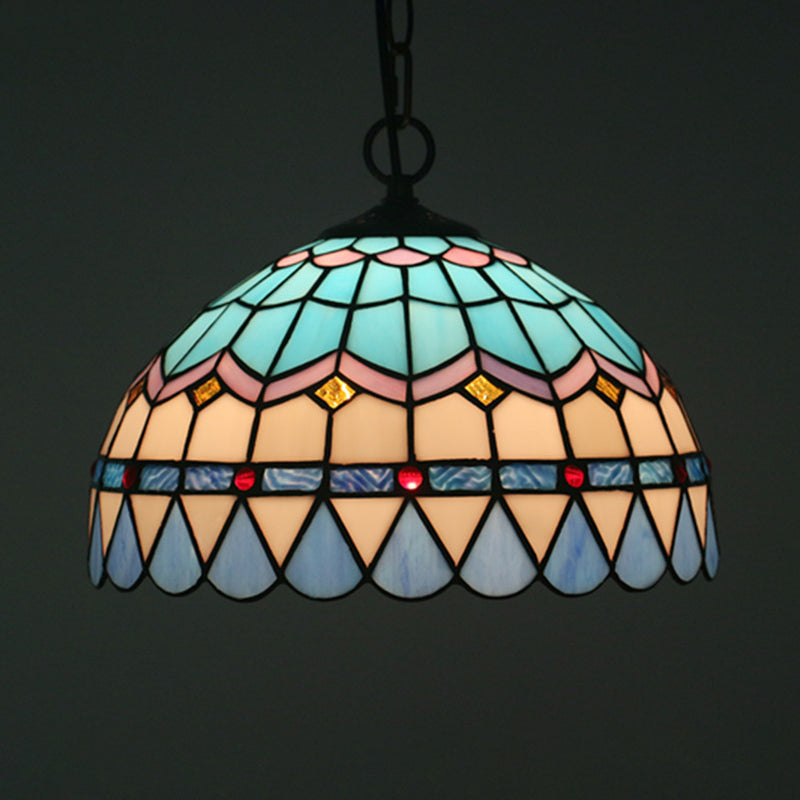 Lattice Bowl Pendulum Light Tiffany Stained Glass 1-Light Blue Suspension Lamp for Dining Room