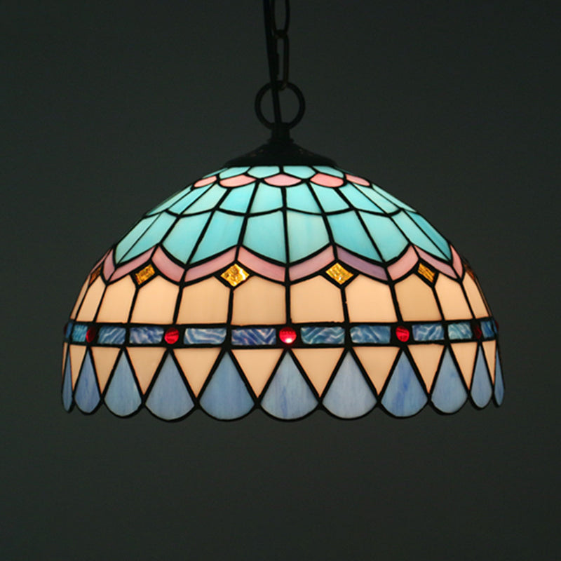 Gitterschüssel-Pendel leichte Tiffany Buntglas 1-Lichtblau-Federlampe für Esszimmer