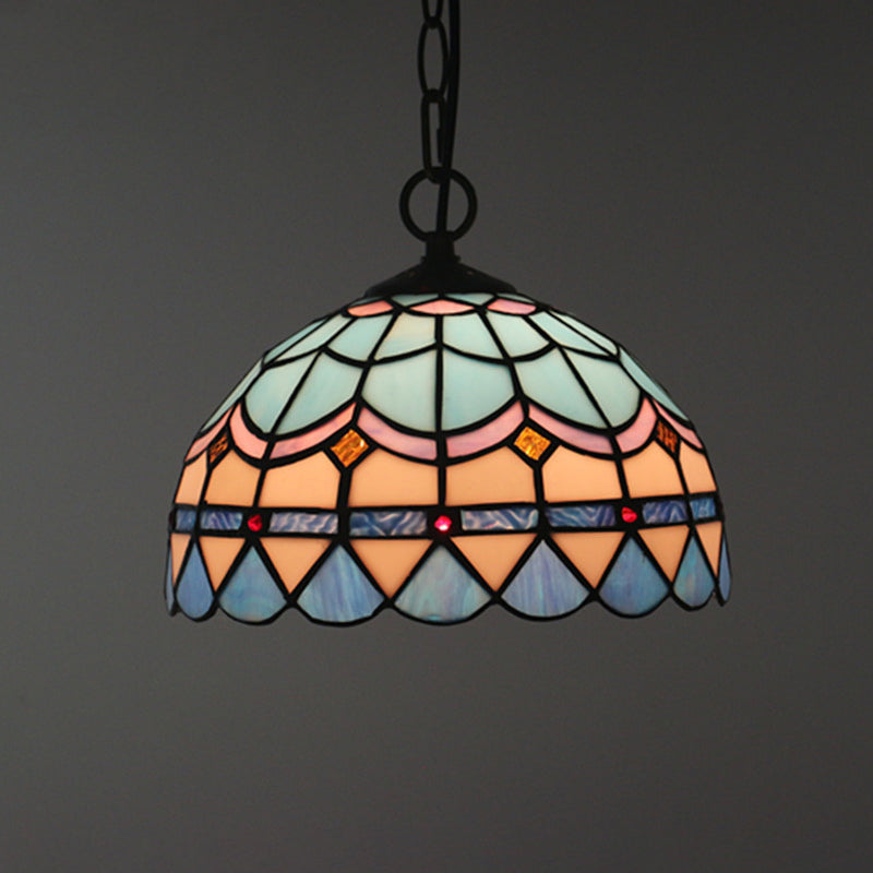 Lattice Bowl Pendulum Light Tiffany Stained Glass 1-Light Blue Suspension Lamp for Dining Room