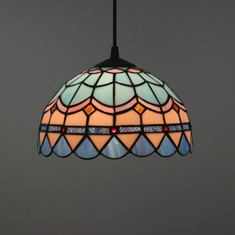 Lattice Bowl Pendulum Light Tiffany Stained Glass 1-Light Blue Suspension Lamp for Dining Room