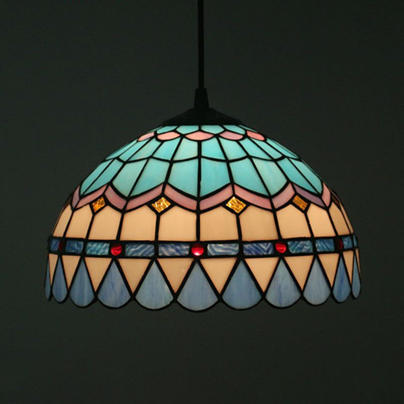 Lattice Bowl Pendulum Light Tiffany Stained Glass 1-Light Blue Suspension Lamp for Dining Room