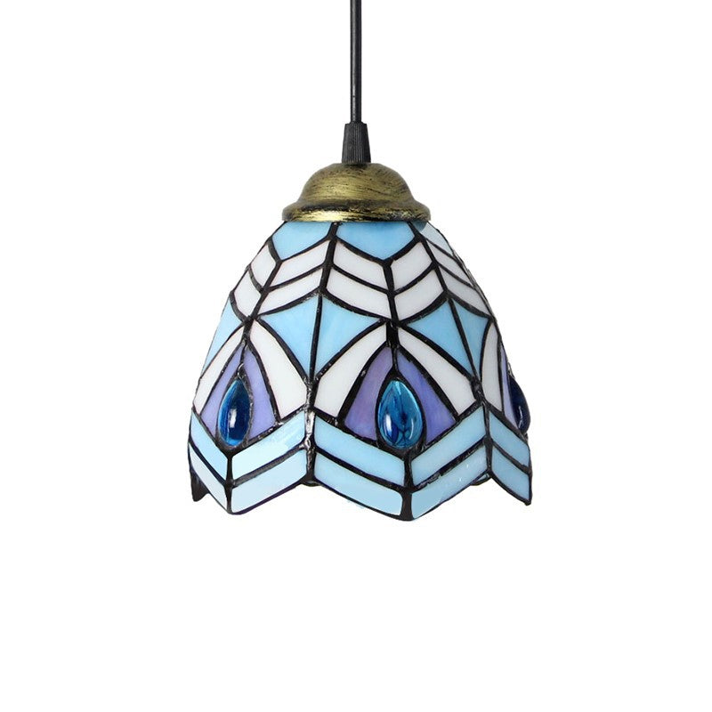 Brass Bell Shade Pendant Light Fixture Baroque 1-Light Handcrafted Stained Glass Drop Lamp