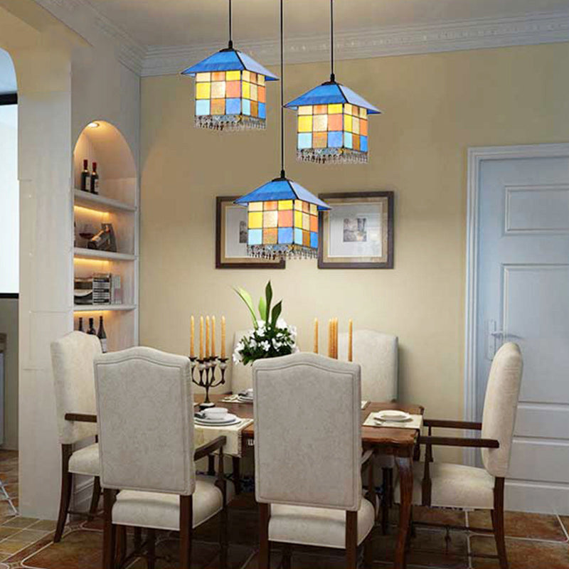 Colgante de techo de 1 linda en forma de casa Mediterranean Blue Glass Suspension Lighting