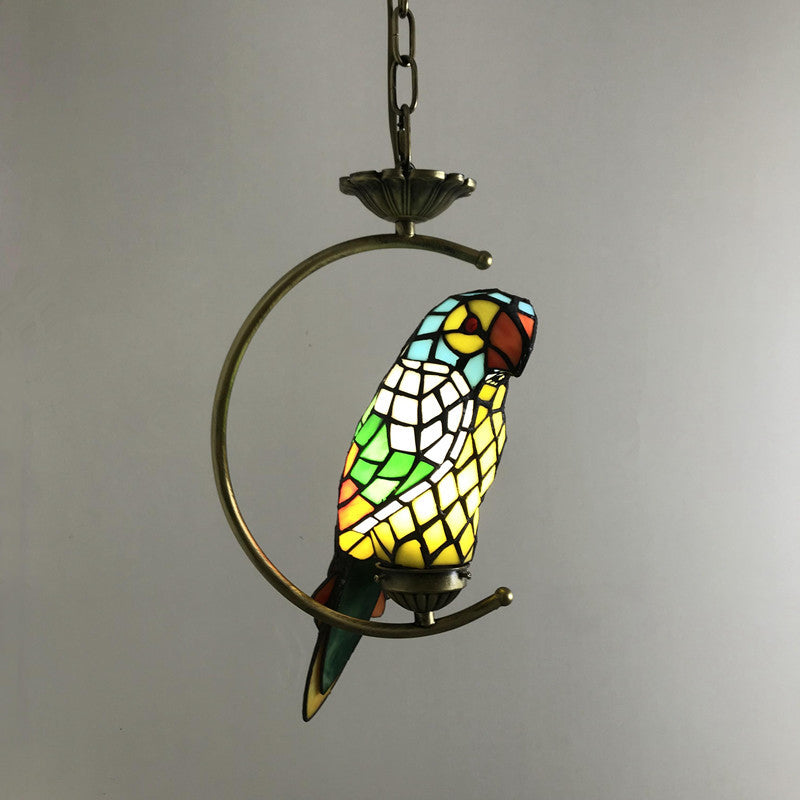 Bronze 1-Head Pendant Light Kit Baroque Metal C-Frame Hanging Lighting with Geometry Cut Glass Shade