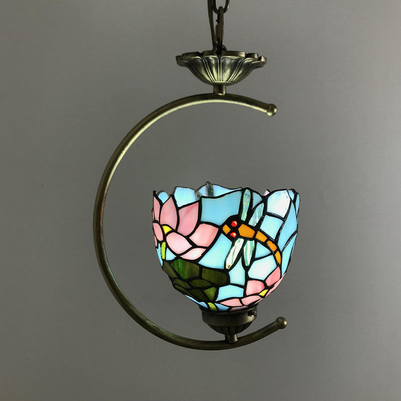 Bronze 1-Head Pendant Light Kit Baroque Metal C-Frame Hanging Lighting with Geometry Cut Glass Shade