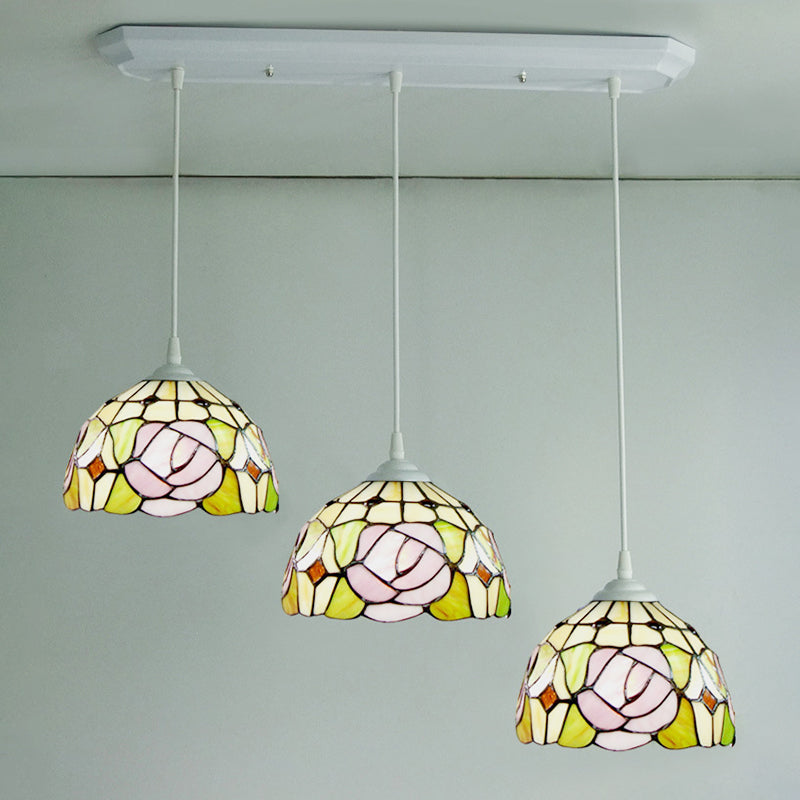 Dome Stained Glass Pendulum Light Victorian 3 Heads White Rose Patterned Cluster Pendant Light for Dining Room