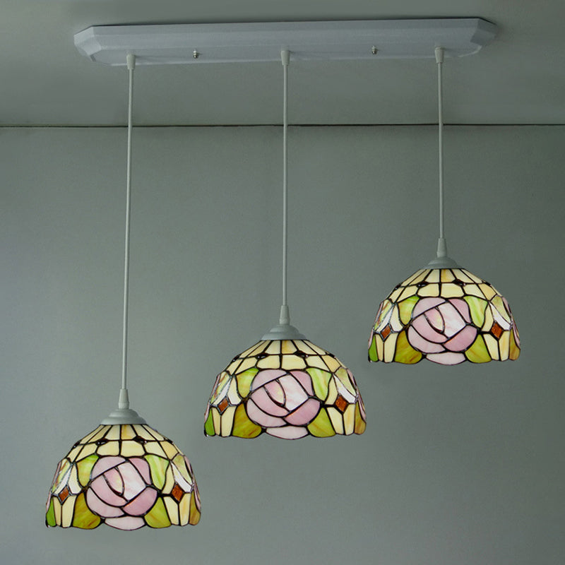 Koepel glas in lood slinger lichte victoriaanse 3 koppen witte roos patroon cluster hanglamp voor eetkamer