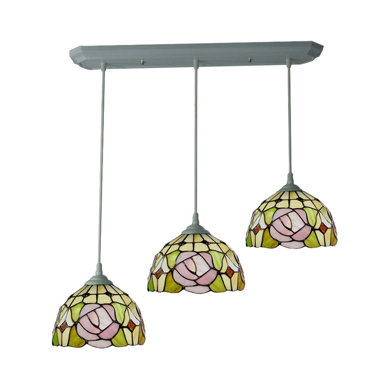 Koepel glas in lood slinger lichte victoriaanse 3 koppen witte roos patroon cluster hanglamp voor eetkamer