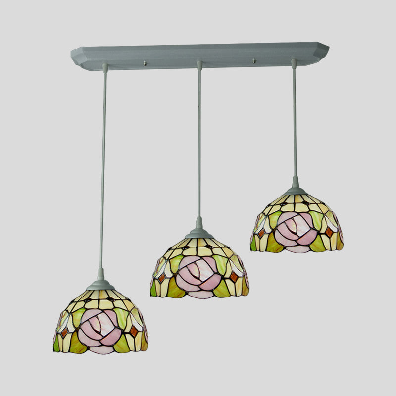 Dome Stained Glass Pendulum Light Victorian 3 Heads White Rose Patterned Cluster Pendant Light for Dining Room