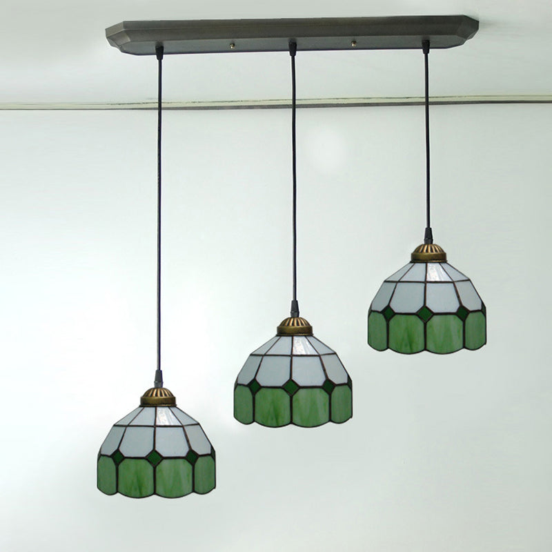 3 Köpfe Esszimmer Cluster Anhänger Victorian Green Hanging Deckenleuchte mit Gitterkuppel handgeschnittener Glasschatten