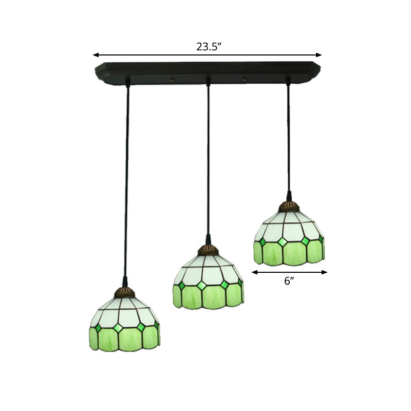 3 Heads Dining Room Cluster Pendant Victorian Green Hanging Ceiling Light with Grid Dome Hand Cut Glass Shade