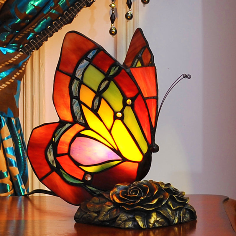 1 Light Night Light Victorian Flower Resin Table Lamp with Butterfly Cut Glass Shade in Red
