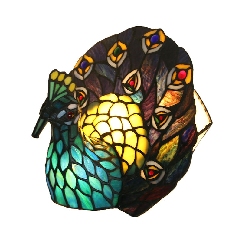 Blue 1-Head Night Lamp Mediterranean Stained Art Glass Peacock Shaped Table Lighting