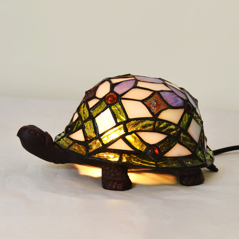 Baroque Turtle Shaped Night Lamp 1-Light Handcrafted Stained Glass Table Lighting in White