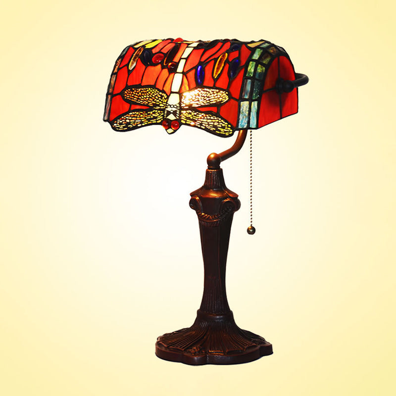 1 Light Banker Desk Lampada Mediterranea Dragonfly Taglia a mano Copriata Accensione del tavolo a catena in rosso
