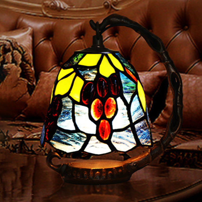 Lampada da tavolo con campana in vetro realizzata a mano in stile Tiffany, lampada da comodino blu a 1 testa con braccio curvo