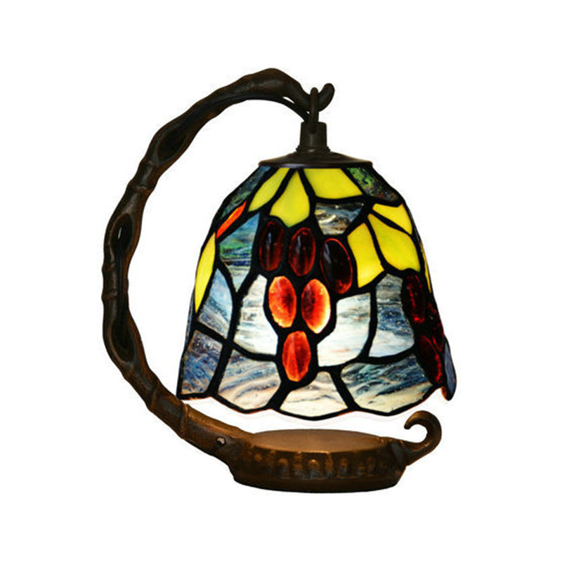 Lampada da tavolo con campana in vetro realizzata a mano in stile Tiffany, lampada da comodino blu a 1 testa con braccio curvo