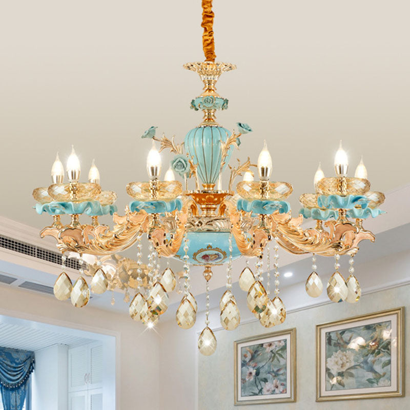 Flache Schüssel Wohnzimmer Kronleuchter Bernsteinkristall moderner Keramik Pendellichtes Licht in Gold