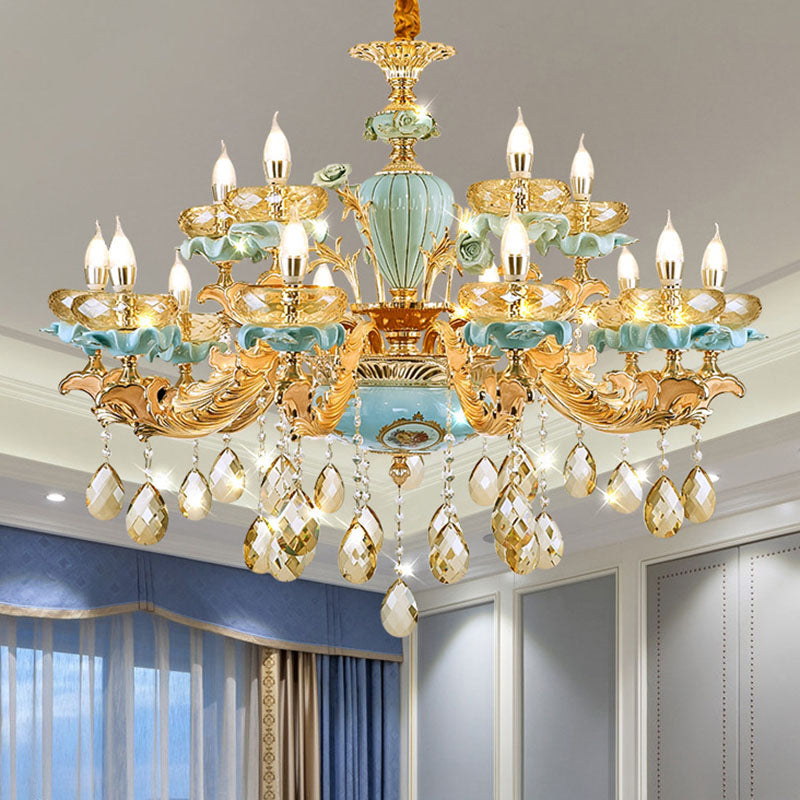 Flache Schüssel Wohnzimmer Kronleuchter Bernsteinkristall moderner Keramik Pendellichtes Licht in Gold