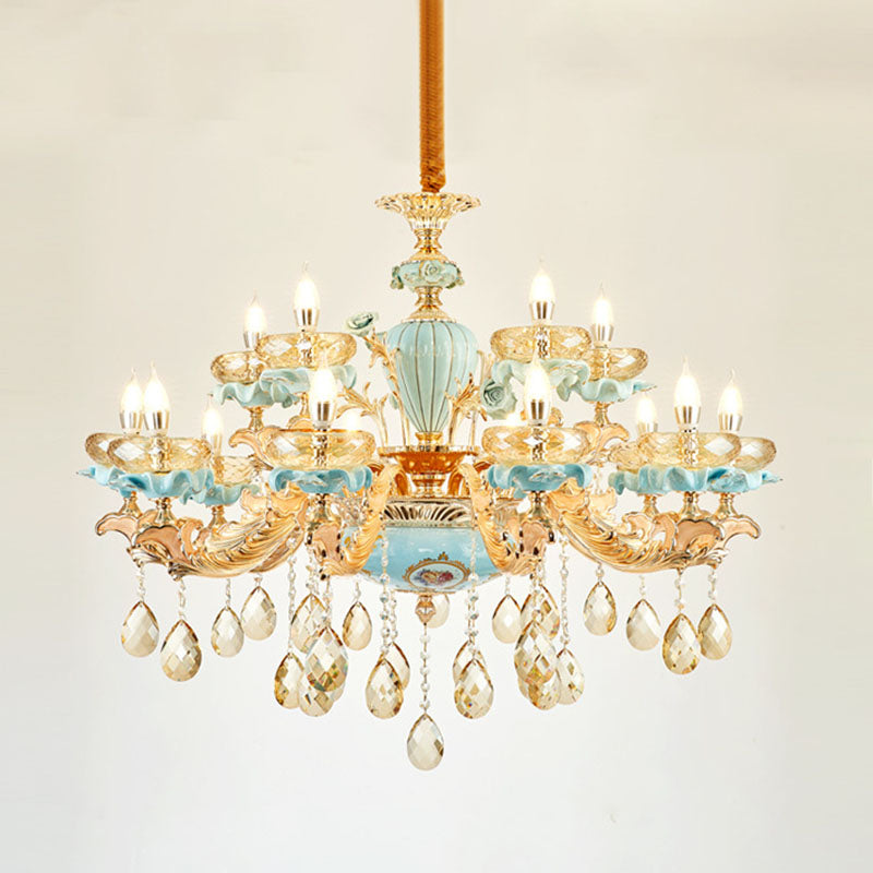 Flache Schüssel Wohnzimmer Kronleuchter Bernsteinkristall moderner Keramik Pendellichtes Licht in Gold