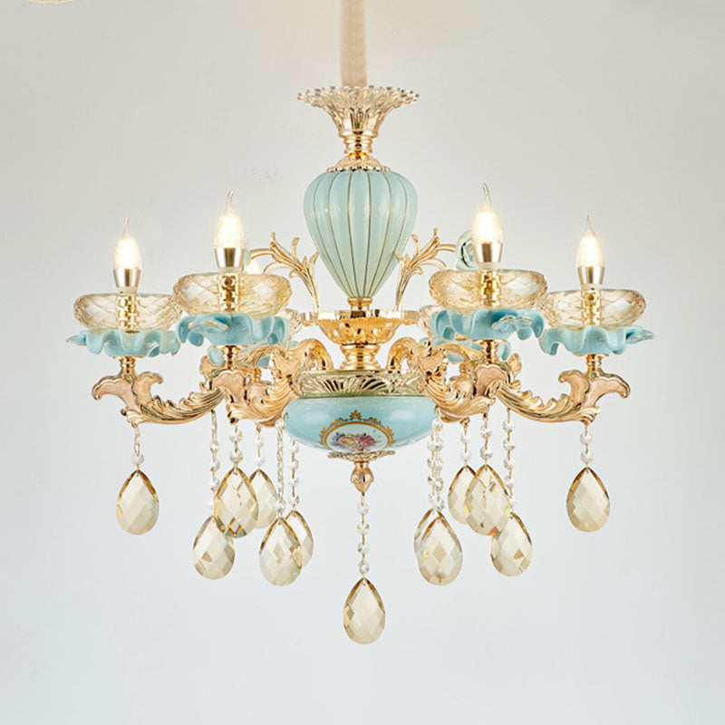 Flache Schüssel Wohnzimmer Kronleuchter Bernsteinkristall moderner Keramik Pendellichtes Licht in Gold