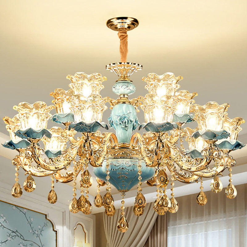 Floral Blown Clear Glass Chandelier Lamp Minimalist Gold Suspension Pendant Light for Living Room
