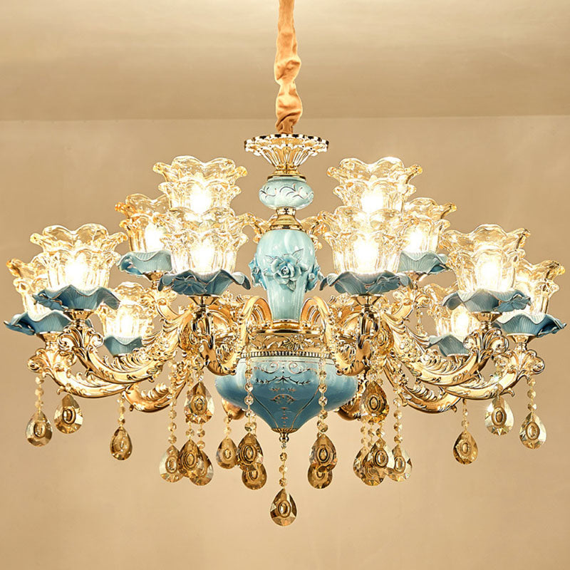 Floral Blown Clear Glass Chandelier Lamp Minimalist Gold Suspension Pendant Light for Living Room