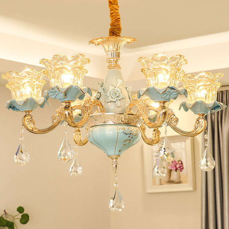 Klares strukturiertes Glas Blütenblattleuchterbeleuchtung modernistischer goldener hängender Anhänger Licht mit Kristallakzent