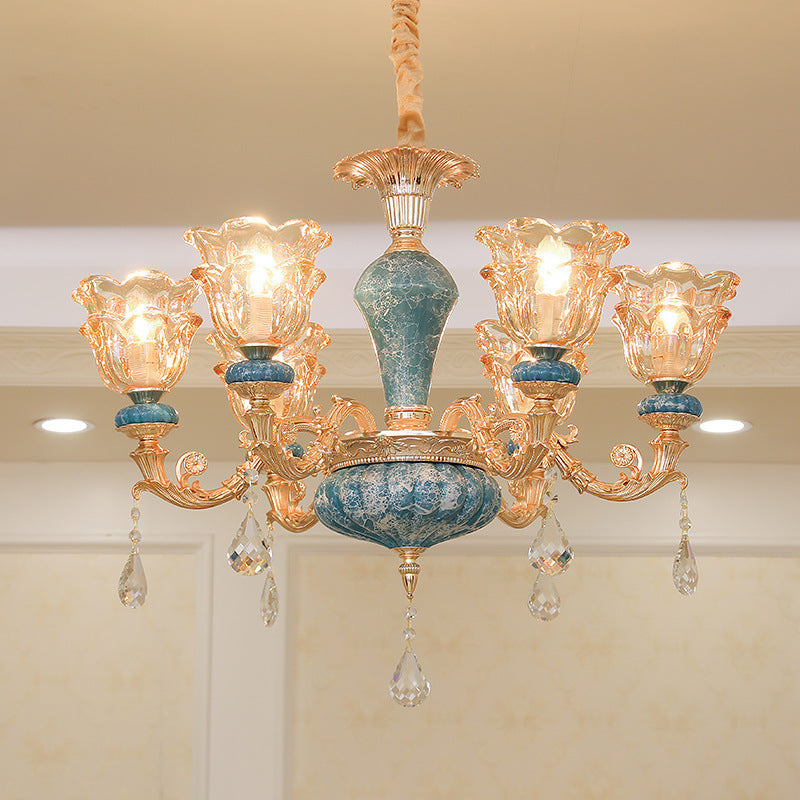 Stroping Arm Wohnzimmer Anhänger Kronleuchter rustikales Metallgold hängende Deckenleuchte mit Blume klar strukturierter Glasschatten