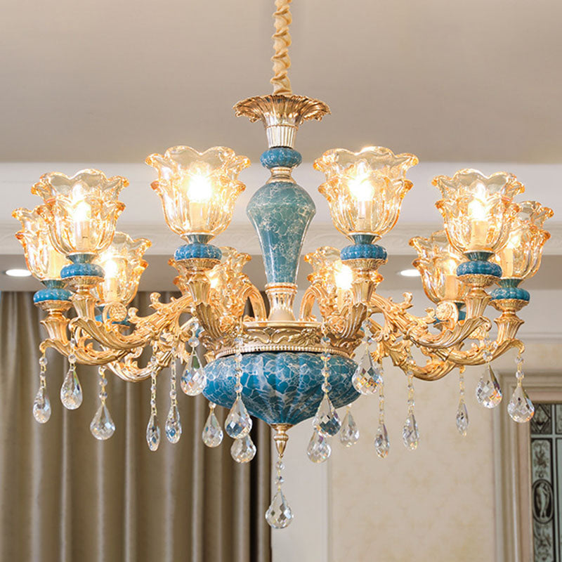 Stroping Arm Wohnzimmer Anhänger Kronleuchter rustikales Metallgold hängende Deckenleuchte mit Blume klar strukturierter Glasschatten