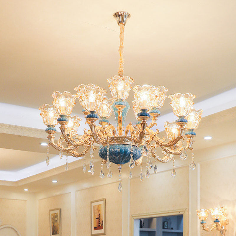 Swooping Arm Living Room Pendant Chandelier Rustic Metal Gold Hanging Ceiling Light with Flower Clear Textured Glass Shade