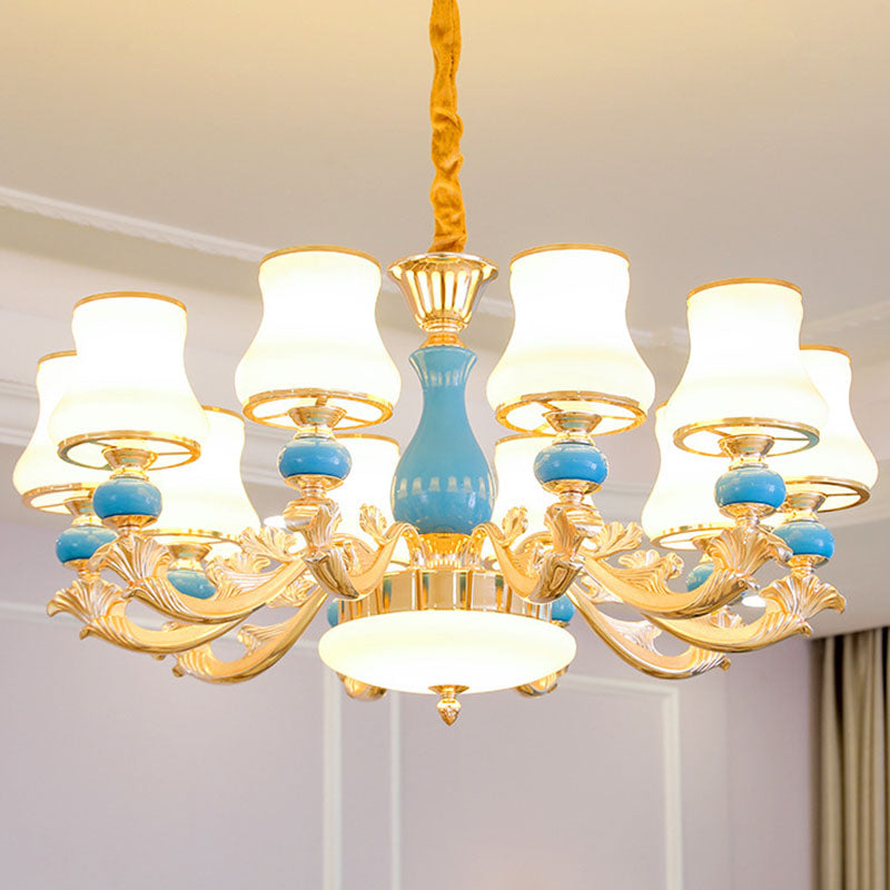 Araña colgante curva dorada lámpara de suspensión de techo de vidrio glaseado opalino contemporáneo