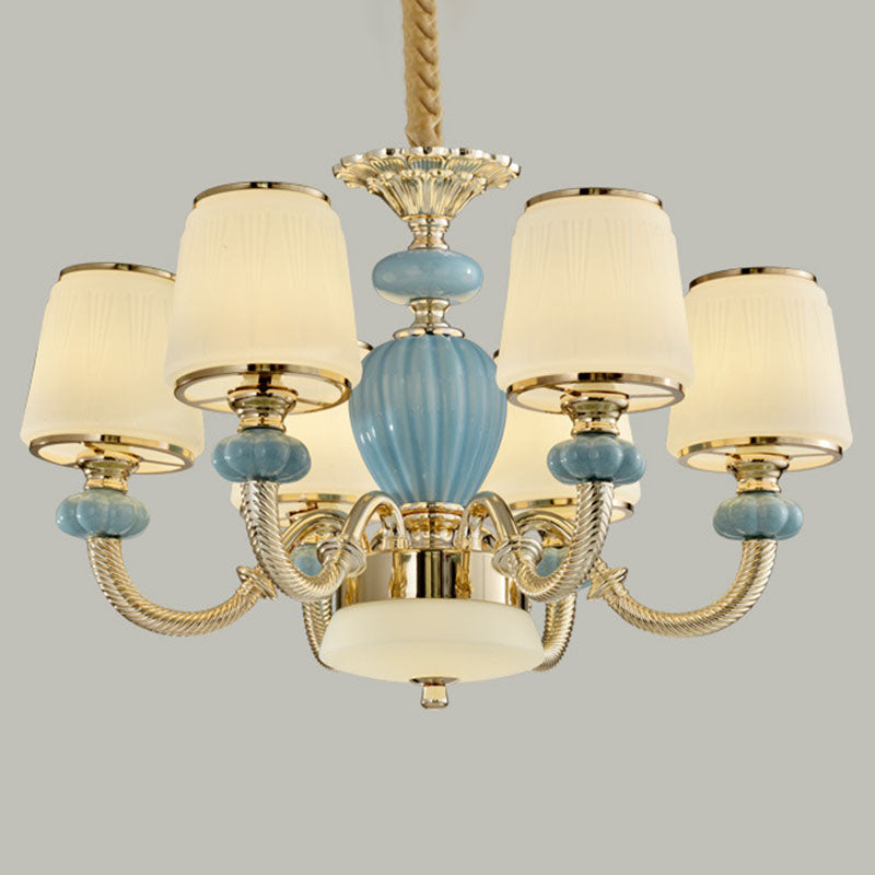 Barrel Living Room Chandelier Frosted Glass Simple Ceramics Suspension Pendant in Blue
