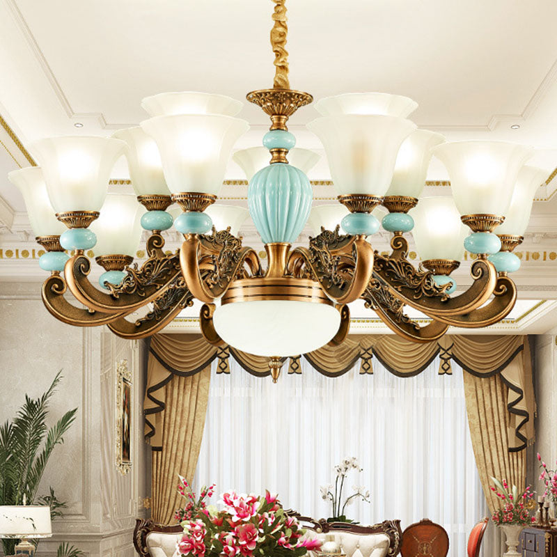 Kit de luz colgante de metal de brazo desplazado iluminación de lámpara azul claro azul con sombra de vidrio esbelto acampanado