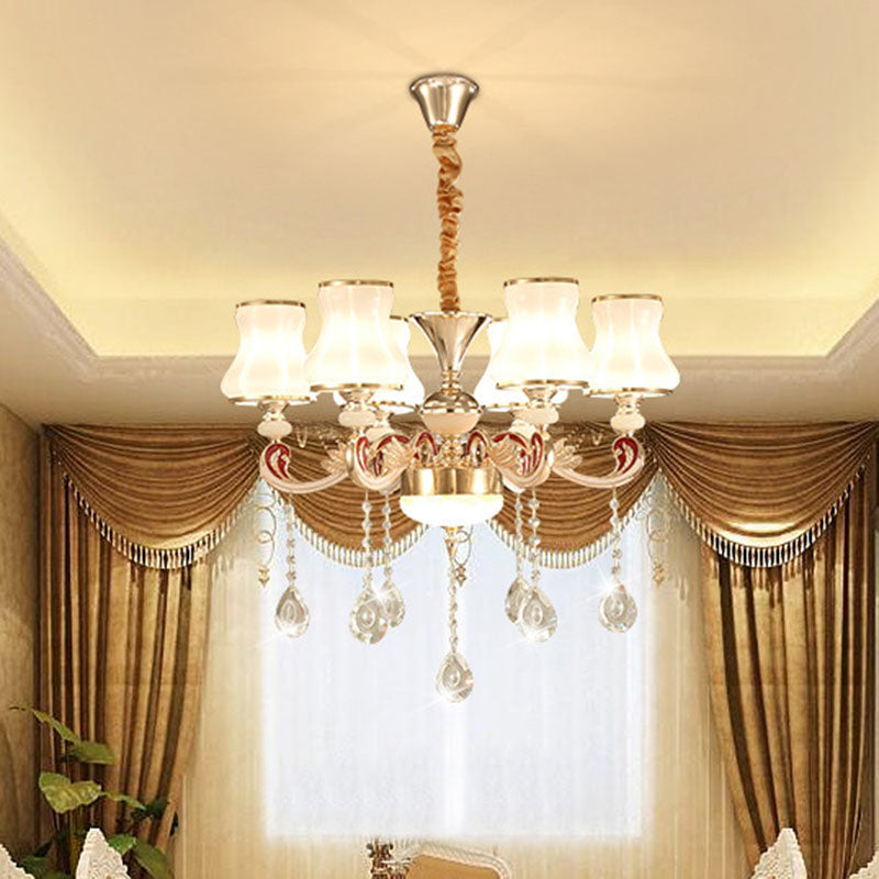 Scrolled Arm Chandelier Nordic Metal Living Room Hanging Pendant Light with Flared Glass Shade in Gold