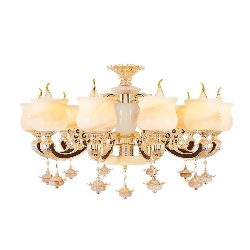 Jade Gold Hanging Lamp Kit Bud Traditionelle Kronleuchterleuchte mit Kristallakzent