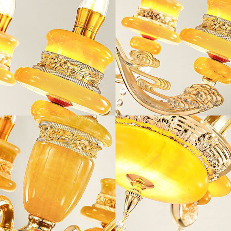 Candelabra Living Room Pendant Chandelier Country Jade Gold Hanging Lighting with Crystal Droplet