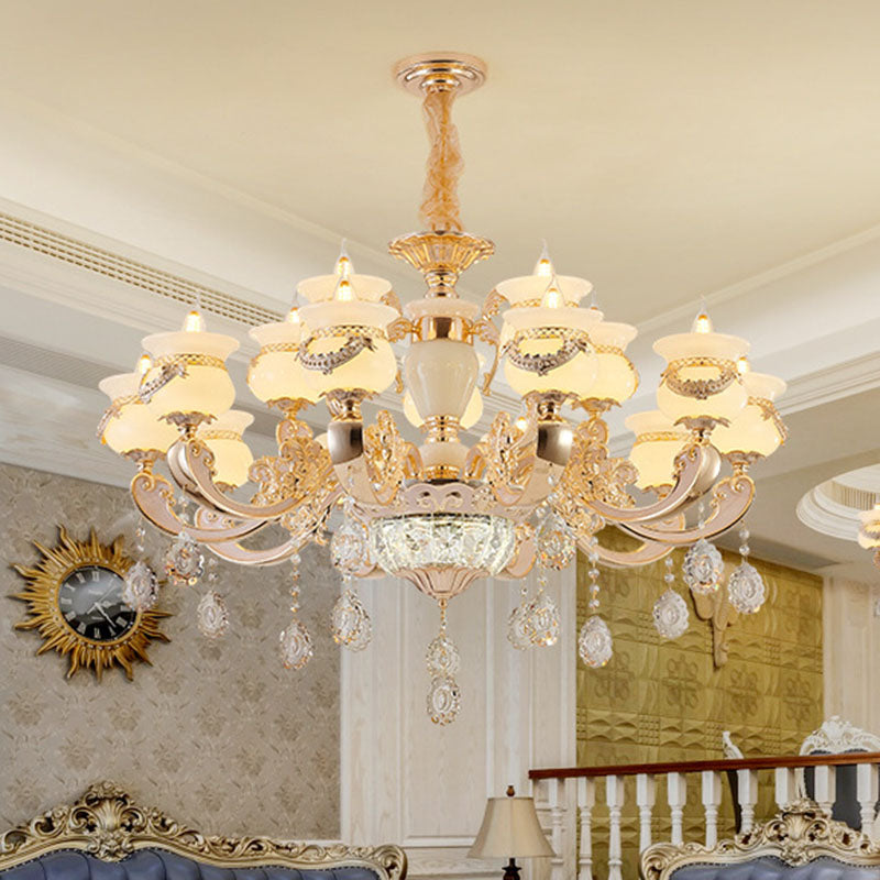 Gold Candle Pendant Chandelier Country Jade Living Room Hanging Lighting with Crystal Accent