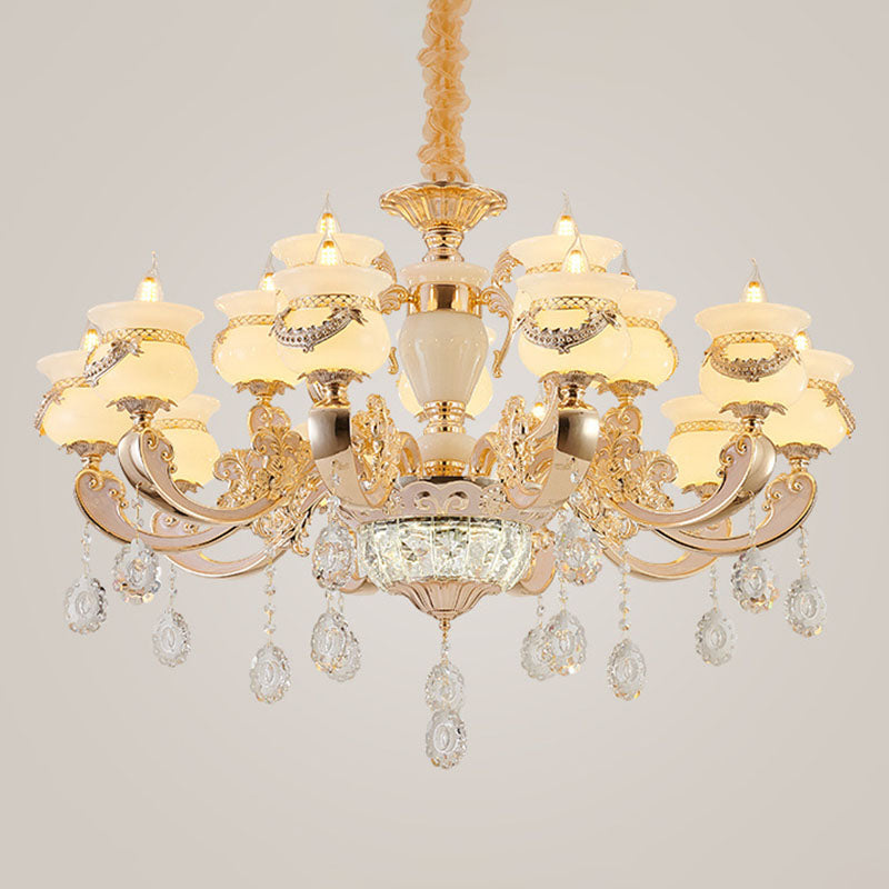 Gold Candle Pendant Chandelier Country Jade Living Room Hanging Lighting with Crystal Accent