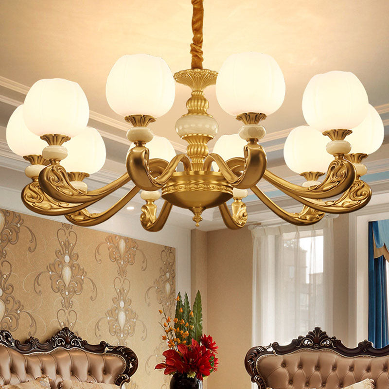 Opalglas Knospenanhänger Kronleuchter moderner Messing -Federbeleuchtung mit gebogenem Arm