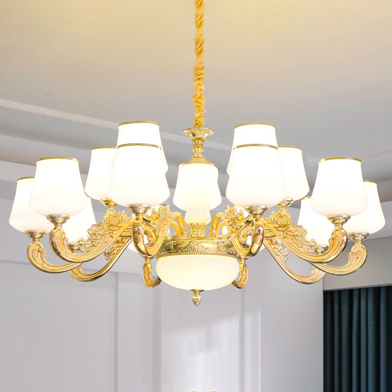 Colgante cónico colgante simple accesorio de iluminación de lámpara de oro de vidrio blanco con brazo desplazado