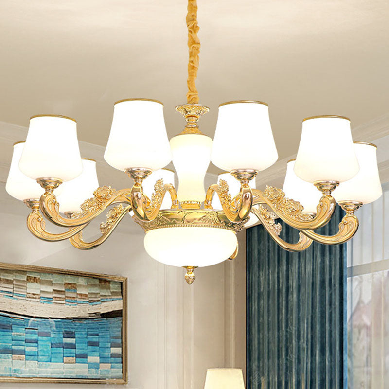 Colgante cónico colgante simple accesorio de iluminación de lámpara de oro de vidrio blanco con brazo desplazado