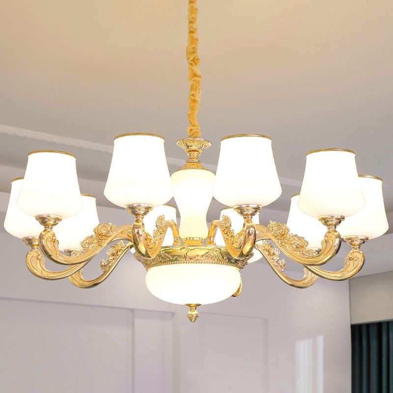 Colgante cónico colgante simple accesorio de iluminación de lámpara de oro de vidrio blanco con brazo desplazado