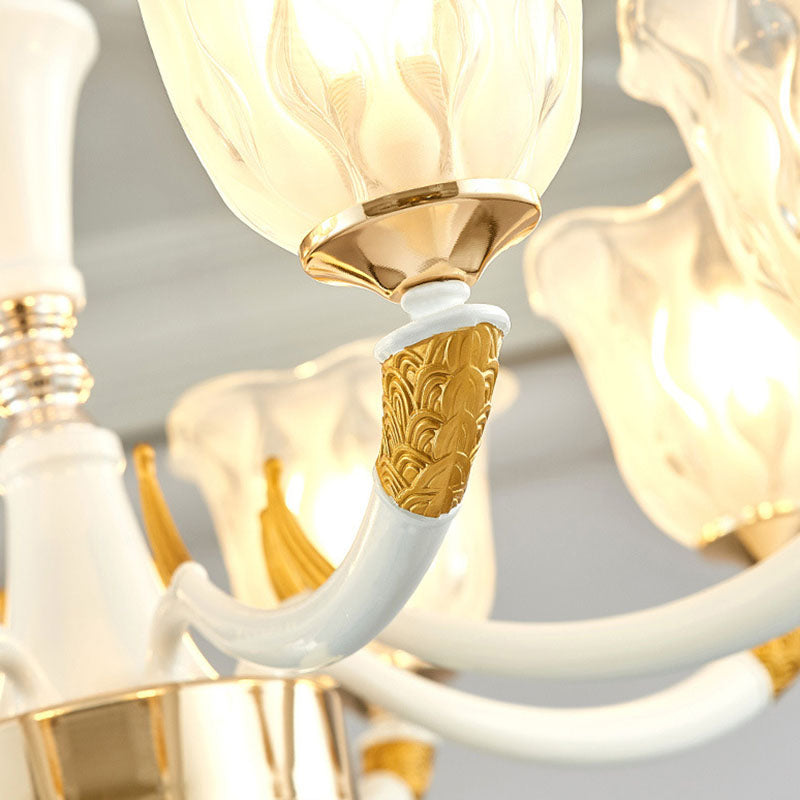 Luz de techo colgante de flor de flor de estilo moderno de lámpara de lámpara de estar de sala de vidrio de textura en marfil