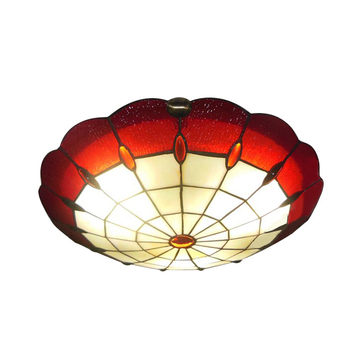 Bedroom Ceiling Light Tiffany Style 12"/16"/19.5" W Dome Shade Flush Mount Light with Jewel Decoration in Red
