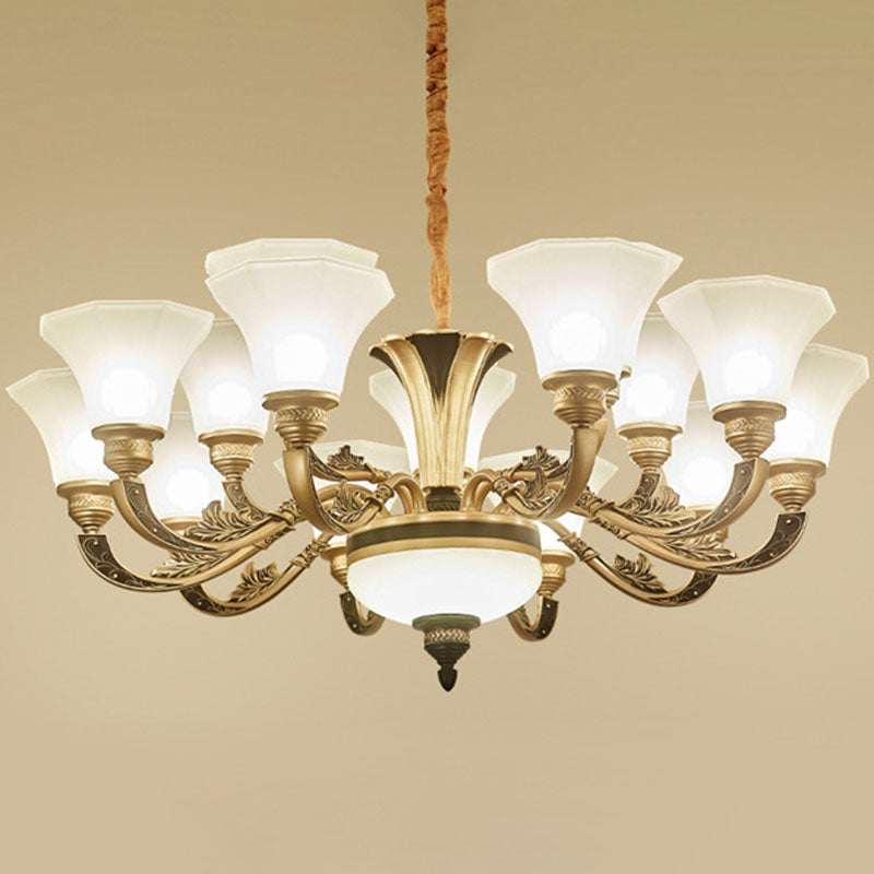 Modernism Pendant Lamp Gold Paneled Bell Hanging Chandelier with Opaline Frosted Glass Shade