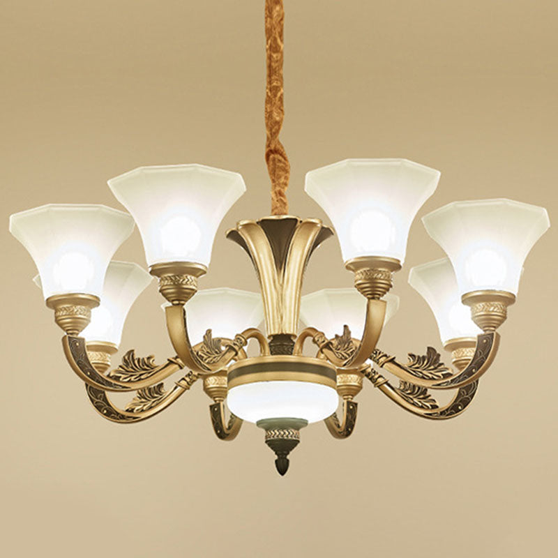 Modernism Pendant Lamp Gold Paneled Bell Hanging Chandelier with Opaline Frosted Glass Shade