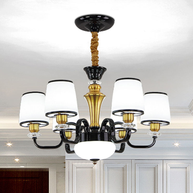 White Glass Barrel Drop Lamp Contemporary Black Chandelier Light Fixture for Dining Room