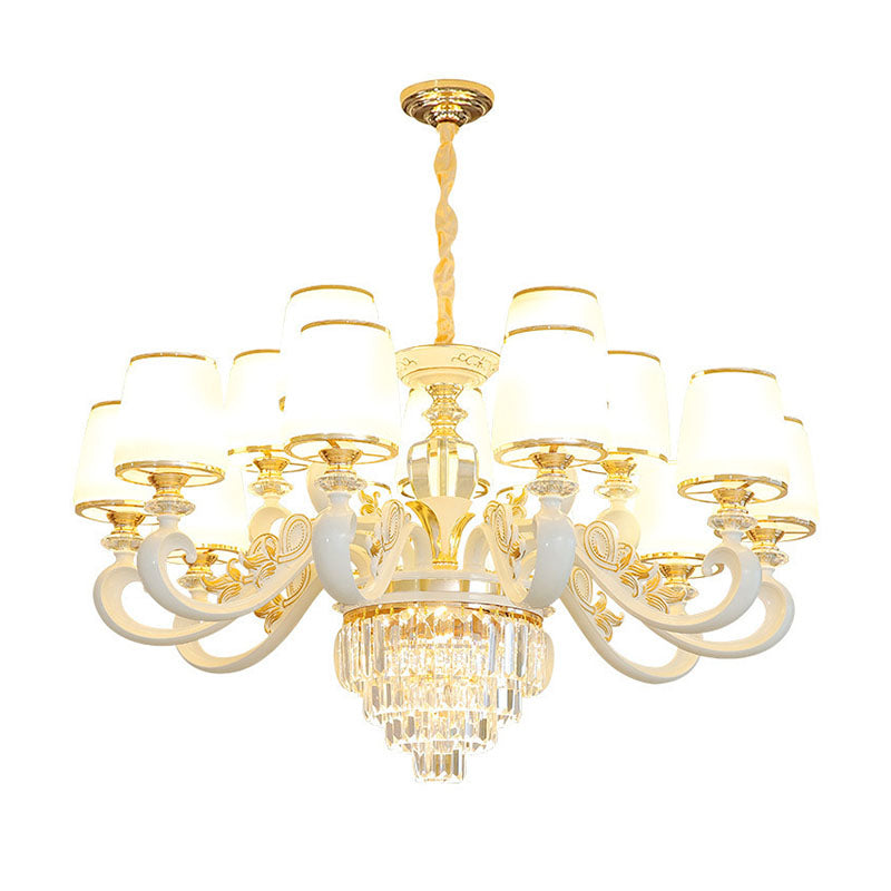 Luz de colgante colgante cónico de oro simplicidad de vidrio opalino iluminación con brazo curvo