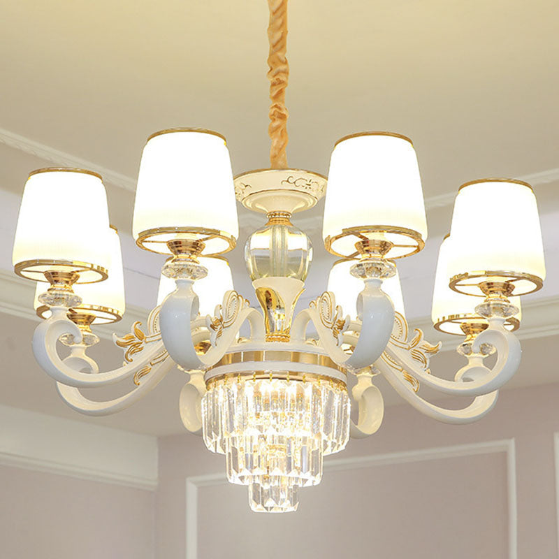 Luz de colgante colgante cónico de oro simplicidad de vidrio opalino iluminación con brazo curvo